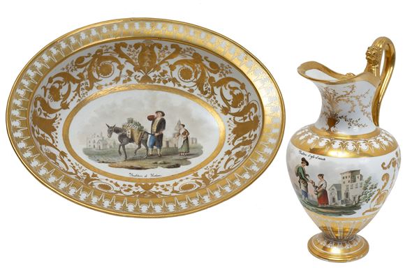 Napoli, periodo Poulard Prad - Jug and basin with rich polychrome decoration and gold details