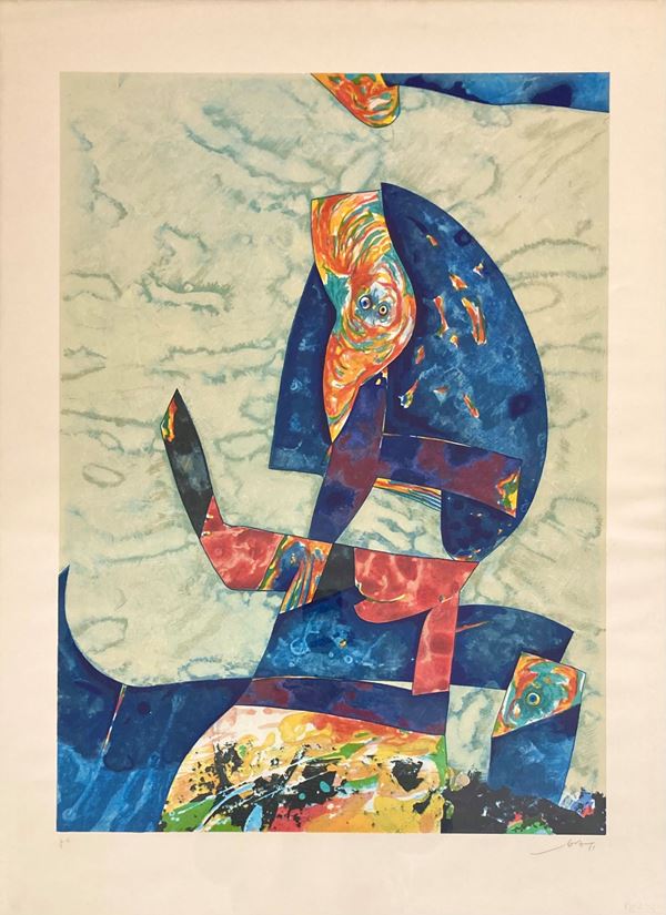 Gianni Dova : Senza titolo (Nido sulle rocce)  - Color screenprint on paper - Auction Graphic and Multiple - Blindarte Casa d'Aste