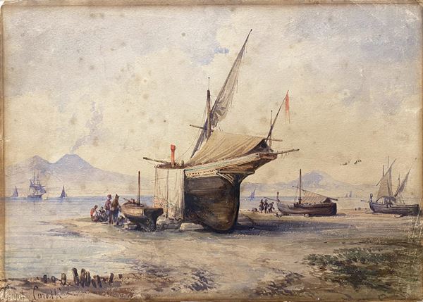 Consalvo Carelli - Cantieri navali di Castellamare di Stabia con Vesuvio sullo sfondo