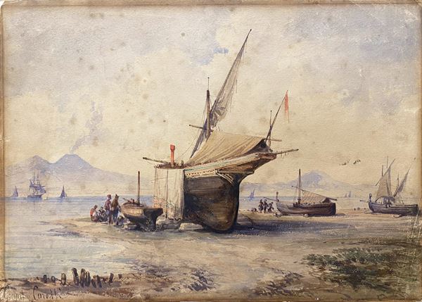 Consalvo Carelli (Napoli, 1818  - 1900) - Cantieri navali di Castellamare di Stabia con Vesuvio sullo sfondo