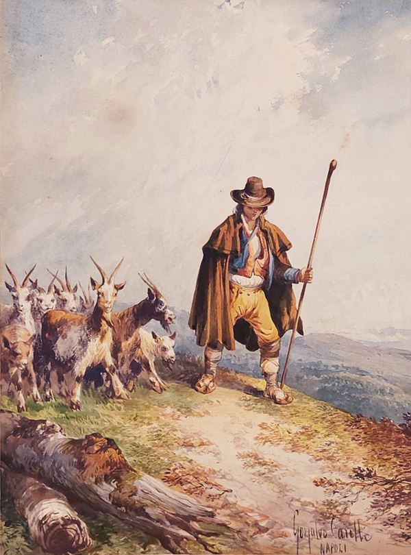 Consalvo Carelli (Napoli, 1818  - 1900) - Pastore con gregge sui Camaldoli