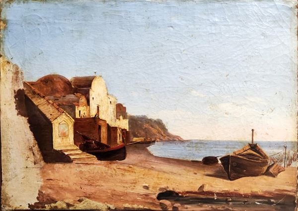 Scuola italiana, XIX secolo - Spiaggia con barchetta in secca
