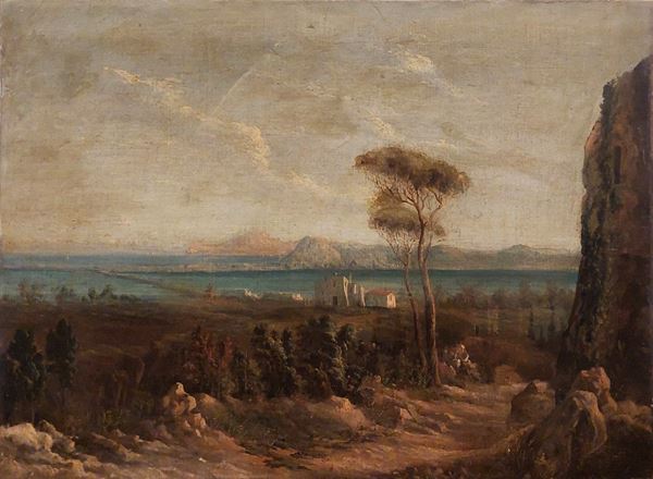 Scuola italiana, XIX secolo - Romantico paesaggio con mare, monti e costruzioni