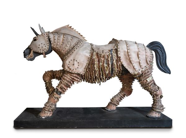 Teatro San Carlo: Sculpture in polystyrene and papier-mâché, covered with fringed and studded leather (from "The rape of Lucretia")