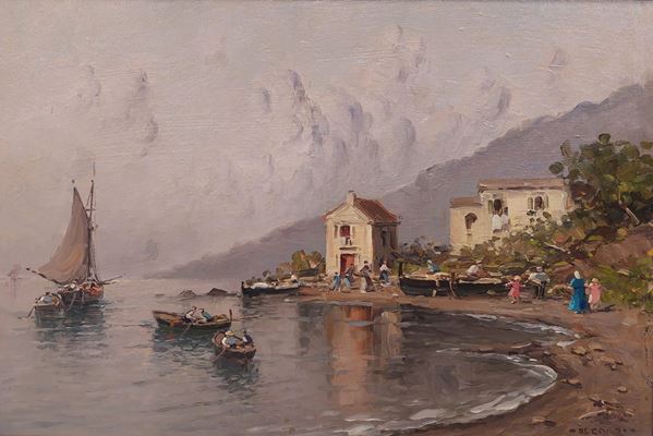 Nicolas De Corsi - Spiaggetta con bagnanti e pescatori