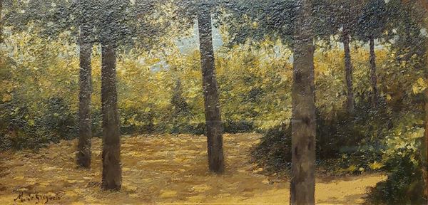 Marco De Gregorio : Paesaggio boschivo  - olio su cartoncino - Asta  Dipinti e sculture del XIX e XX secolo - Blindarte Casa d'Aste