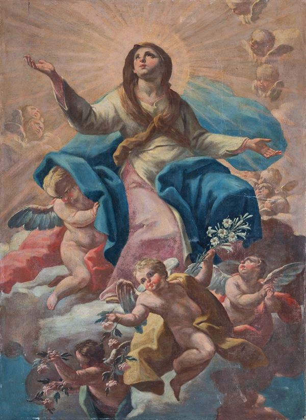 cerchia di Corrado  Giaquinto (Molfetta, 1703 &#8211; Napoli, 1766) : Assunzione della Vergine  - oil on canvas - Auction Important art object old paintings and 19-20 Century paintings - Blindarte Casa d'Aste