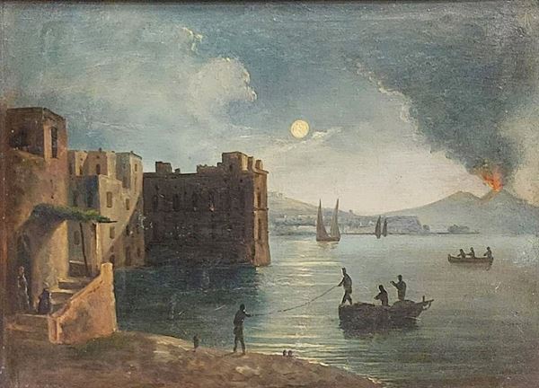 Scuola napoletana, XIX secolo - Napoli da una spiaggia di Posillipo, con eruzione del Vesuvio sullo sfondo