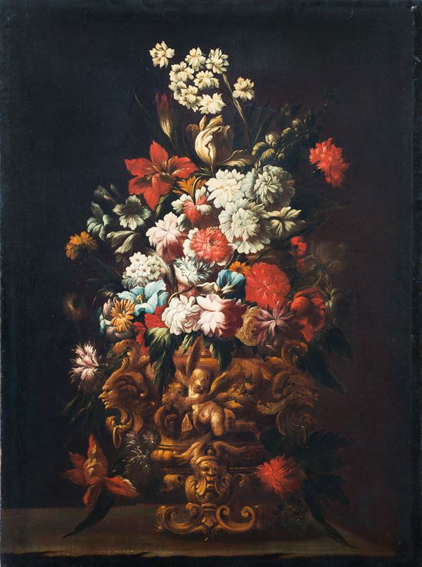 attribuito a Gaspare Lopez (Napoli,1650 - Firenze,1740) - Tulipani, garofani, dente di leone, primule e rose in un vaso scolpito a grottesche su un piano