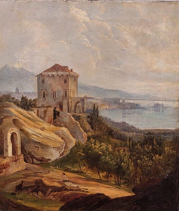 Scuola napoletana, XIX secolo : Paesaggio napoletano  - Olio su tela - Auction 19th Century Painting and Sculptures - Blindarte Casa d'Aste