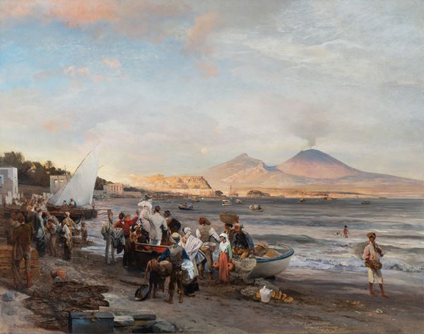 Oswald Achenbach - La spiaggia di Mergellina al tramonto