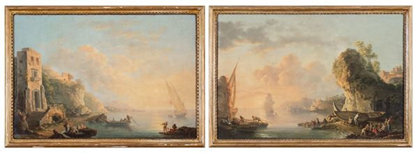 Carlo Bonavia, (Roma, 1730 &#8211; Napoli, dopo il 1788) - a)Pescatori all'alba a Marechiaro b)Pescatori al tramonto alla Gaiola