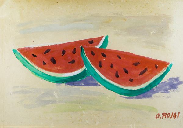 Ottone Rosai : Fette di angurie  (1956 approx.)  - Watercolor on paper on canvas - Auction Modern and Contemporary Art - Blindarte Casa d'Aste