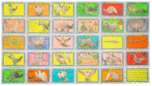 Fr&#233;d&#233;ric Bruly Bouabr&#233; : La légende de Nounouga. La poule e Tchètche l'épervier  (2001)  - n. 30 ballpoint pen and colored pencils on cardboard - Auction Modern and Contemporary Art - Blindarte Casa d'Aste