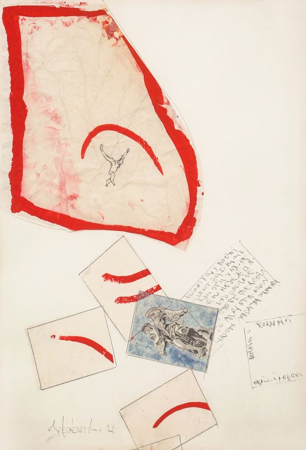 Alighiero  Boetti : Bernini o Borromini  (1987)  - Collage, acrilico, matita e acquerello su carta - Asta Arte Moderna e Contemporanea - Blindarte Casa d'Aste