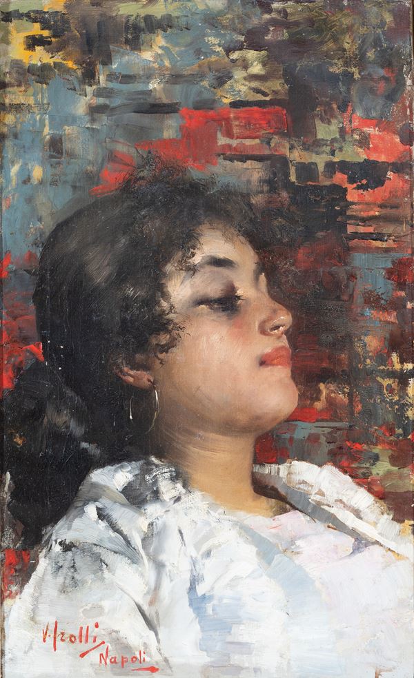 Vincenzo Irolli (Napoli, 1860 - 1949) - Ritratto di fanciulla sognante