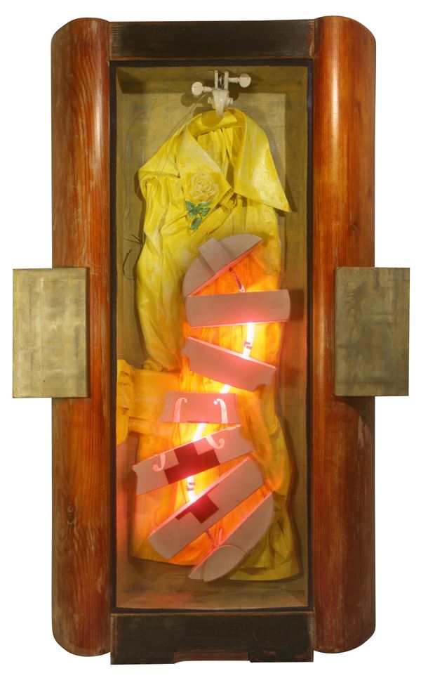 Irwin : Was ist kunst  (1992)  - Olio, tecnica mista e assemblaggio di violino scomposto, camicia dipinta e neon in teca di legno e v - Asta Arte Moderna e Contemporanea - Blindarte Casa d'Aste