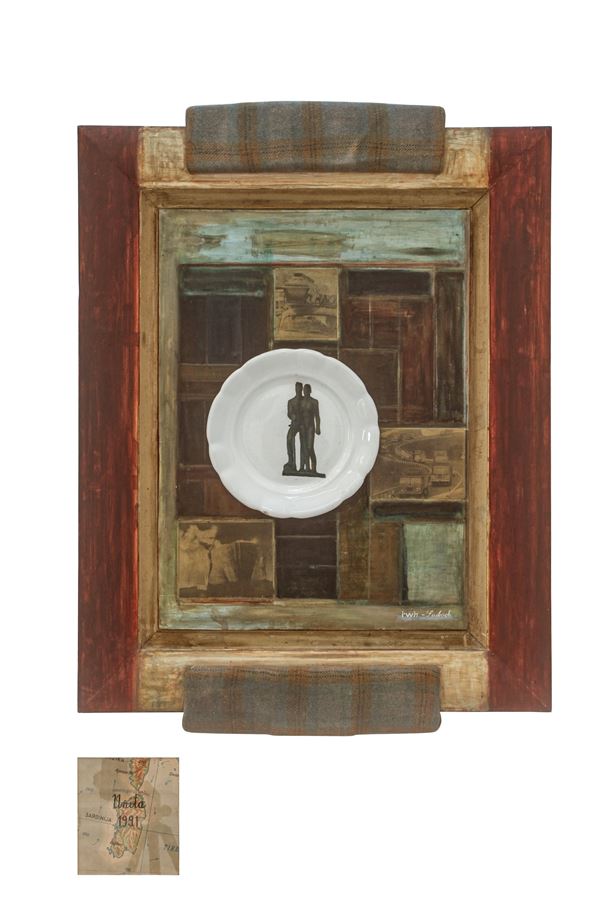 Irwin : S. T (Unità, Sardinia)  (1991)  - Oil, mixed media and assembly of ceramic plate painted in collage of wooden board, wooden frame pain - Auction Modern and Contemporary Art - Blindarte Casa d'Aste