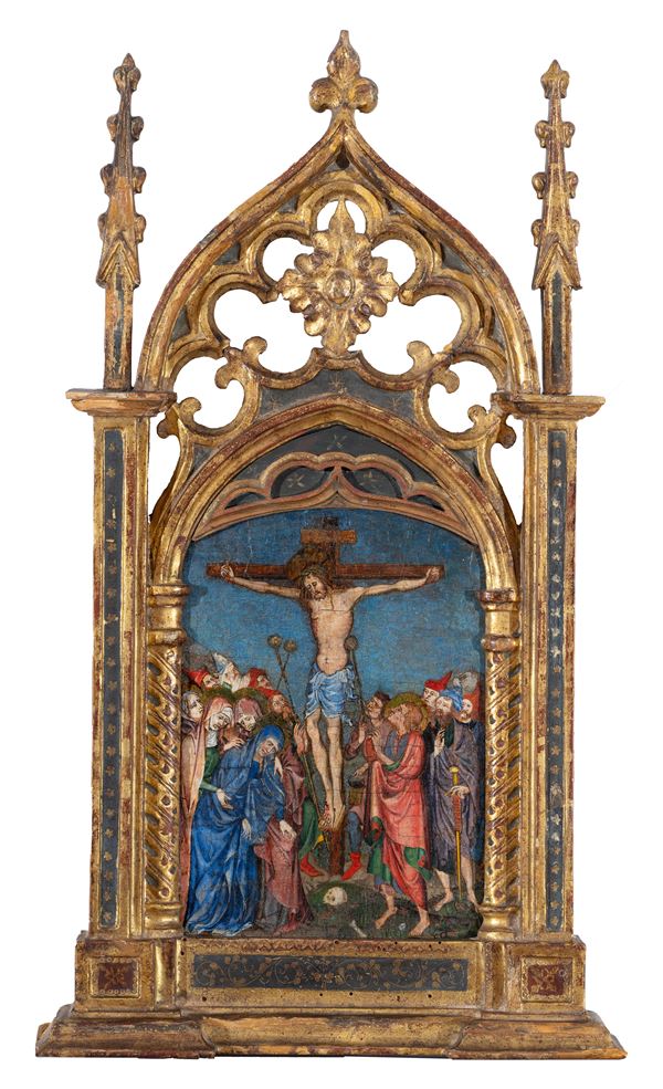 pittore attivo nel nord Europa nel XV secolo : Crocefissione  - arcuate wooden panel - Auction Important art object old paintings and 19-20 Century paintings - Blindarte Casa d'Aste