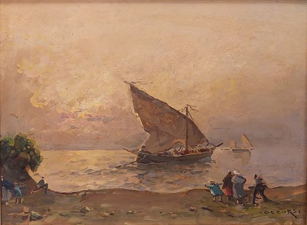 Nicolas De Corsi - Marina con barca al tramonto