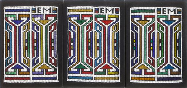 Esther Mahlangu : Lotto unico composto da n. 3 opere  (2009)  - Tecnica mista e perline applicate su tela - Asta Arte Moderna e Contemporanea - Blindarte Casa d'Aste