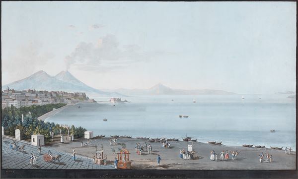 Camillo De Vito (Napoli, 1794 - 1845) - Napoli Veduta da Mergellina con i costumi nazionali