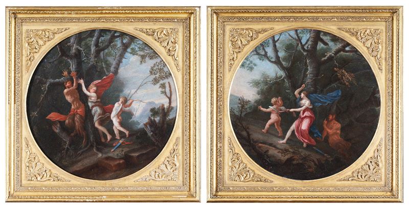 a)Cupido punisce una Ninfa e un Satiro legati ad un albero; b) Venere punisce Cupido sotto lo sgu...