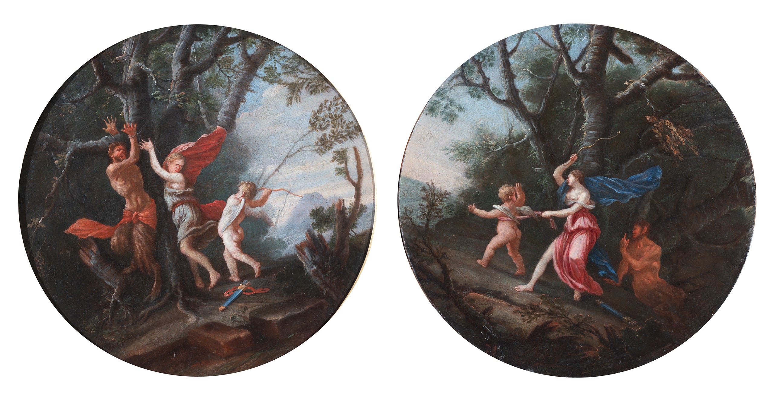 a)Cupido punisce una Ninfa e un Satiro legati ad un albero; b) Venere punisce Cupido sotto lo sgu...