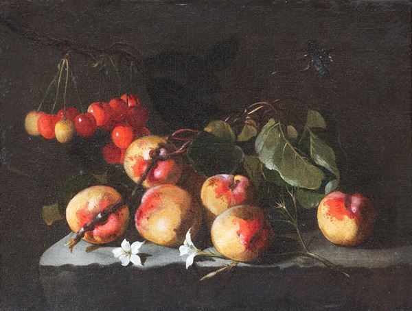 Luca  Forte (Napoli, 1600/1605 &#8211; 1670) - Pesche, ciliegie e gelsomini su un piano