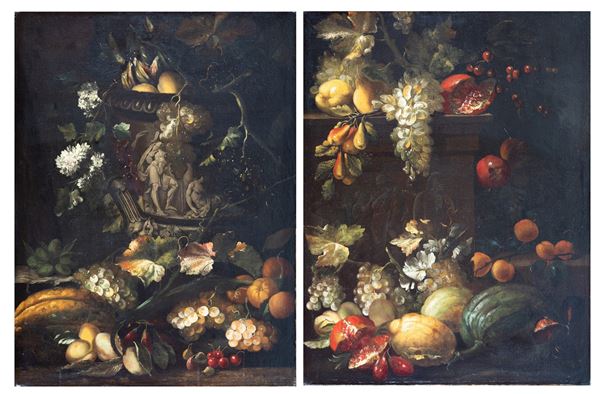 Abraham  Brueghel (Anversa, 1631 &#8211; Napoli, 1697) - a) Vaso Medici con frutta e fiori; b) Plinto romano con frutta