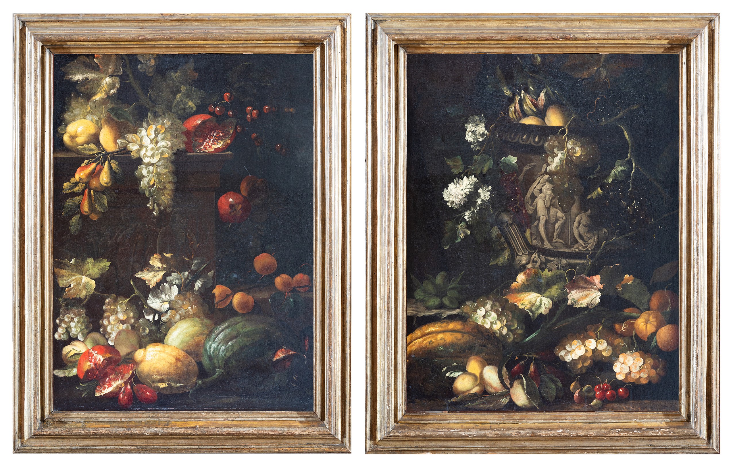 a) Vaso Medici con frutta e fiori; b) Plinto romano con frutta