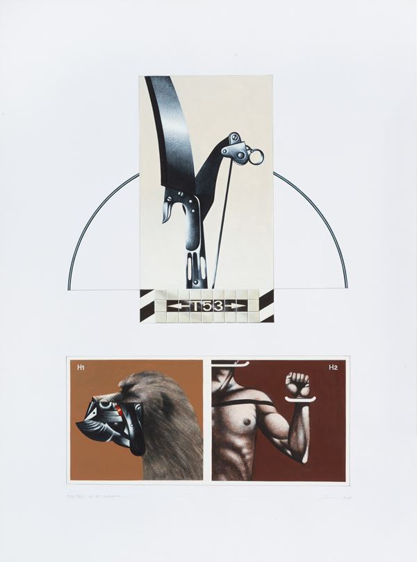 Sergio Sarri : La Faux et le robot  (1978)  - Tecnica mista su carta - Asta Arte Moderna e Contemporanea - Blindarte Casa d'Aste