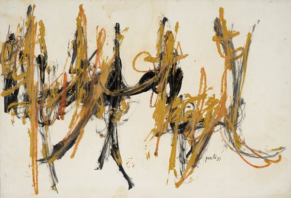 Achille Perilli : Untitled  (1957)  - Charcoal, pastel and tempera on paper applied on canvas - Auction Modern and Contemporary Art - Blindarte Casa d'Aste