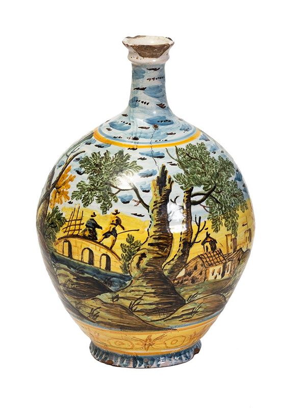Castelli d'Abruzzo, XVIII secolo : Bottiglia da farmacia  - in maiolica dipinta in policromia - Asta Oggetti d'arte, importanti dipinti antichi e dipinti del XIX-XX secolo - Blindarte Casa d'Aste