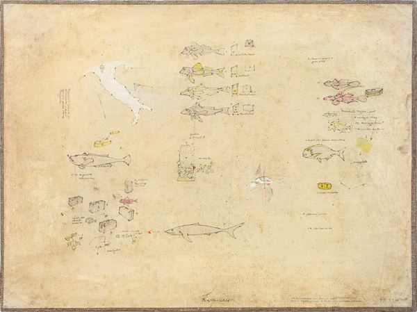 Gianfranco Baruchello : La situazione del bacino mediterraneo così come appare dalla lettura dei giornali odierni  (1985)  - Mixed media on paper mounted on canvas - Auction Modern and Contemporary Art - Blindarte Casa d'Aste