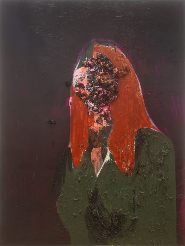 Kim Dorland : Untitled (Green sweater)  (2009)  - Olio, acrilico e spray su tavola - Asta Arte Moderna e Contemporanea - Blindarte Casa d'Aste