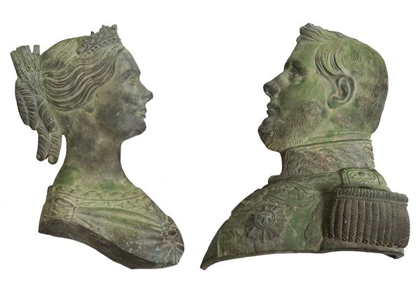 Scultore napoletano XIX secolo : Ritratti di Ferdinando II e Maria Teresa d'Austria, Napoli 1840 ca.  - in zinco - Asta Oggetti d'arte, importanti dipinti antichi e dipinti del XIX-XX secolo - Blindarte Casa d'Aste