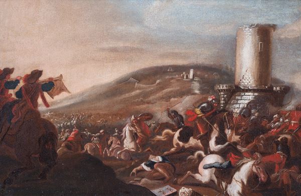 Carlo  Coppola (attivo a Napoli dal 1639 &#8211; c. 1672) - Clash between Turks and Christians near a tower