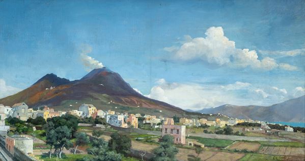 pittore straniero attivo a Napoli XIX secolo - Veduta del Vesuvio da Resina ( Ercolano)