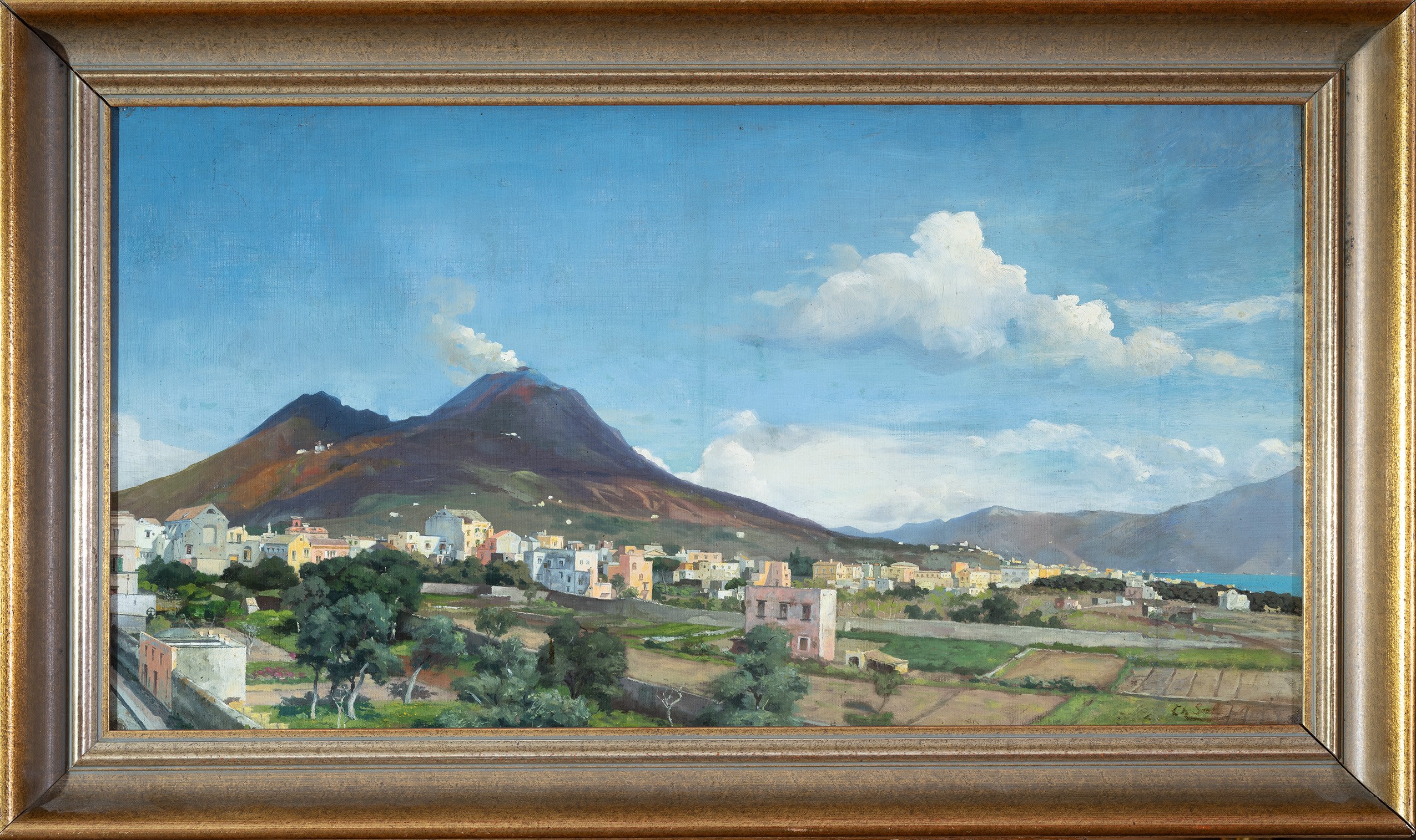 Pittore Straniero Attivo a Napoli XIX Secolo - Veduta del Vesuvio da Resina ( Ercolano)