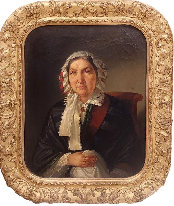 Scuola napoletana, XIX secolo - Ritratto di donna con cuffia 