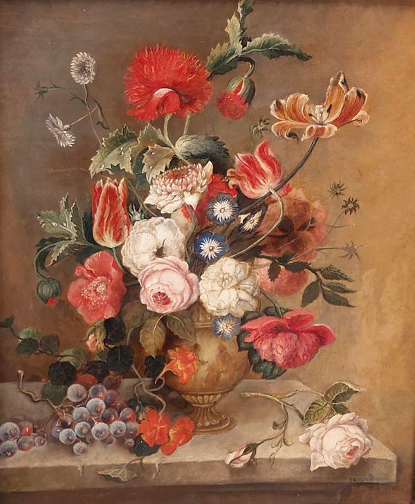 Scuola italiana, XIX secolo,Scuola italiana - Vaso con rose, peonie e uva su un piano