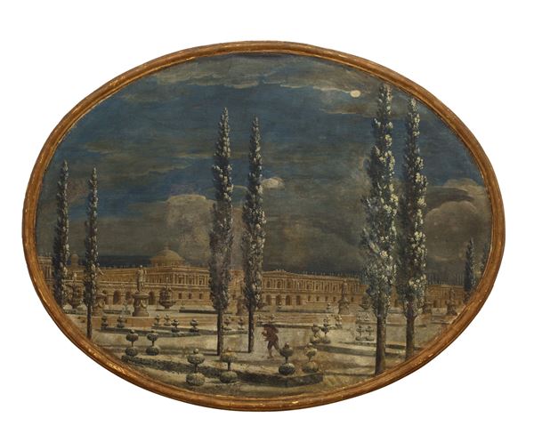 Scuola inglese del XIX secolo : Giardino innevato con edificio classico sullo sfondo  - Olio su tela in ovale - Asta Dipinti, Disegni, Gouaches e Sculture del XIX, XX secolo - Blindarte Casa d'Aste