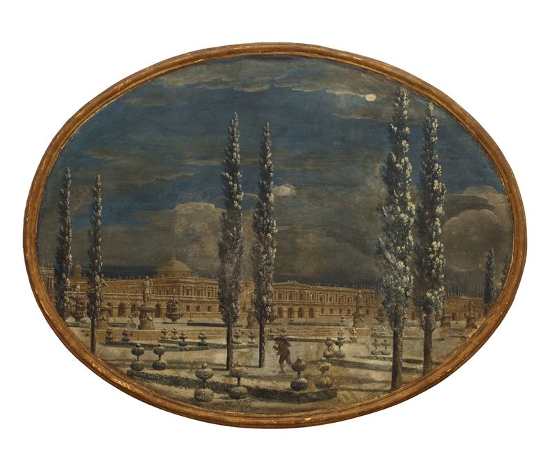 Giardino innevato con edificio classico sullo sfondo