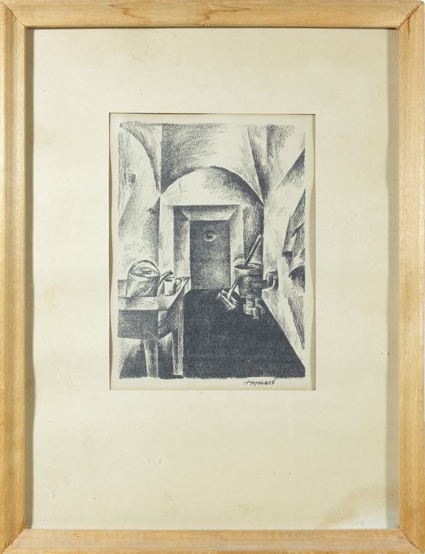 Nikola&#301; Mikha&#301;lovich Chernyshev : La mia cella  (1920)  -  Autolithograph on paper in glass and wooden frame - Auction Modern and Contemporary Art - Blindarte Casa d'Aste