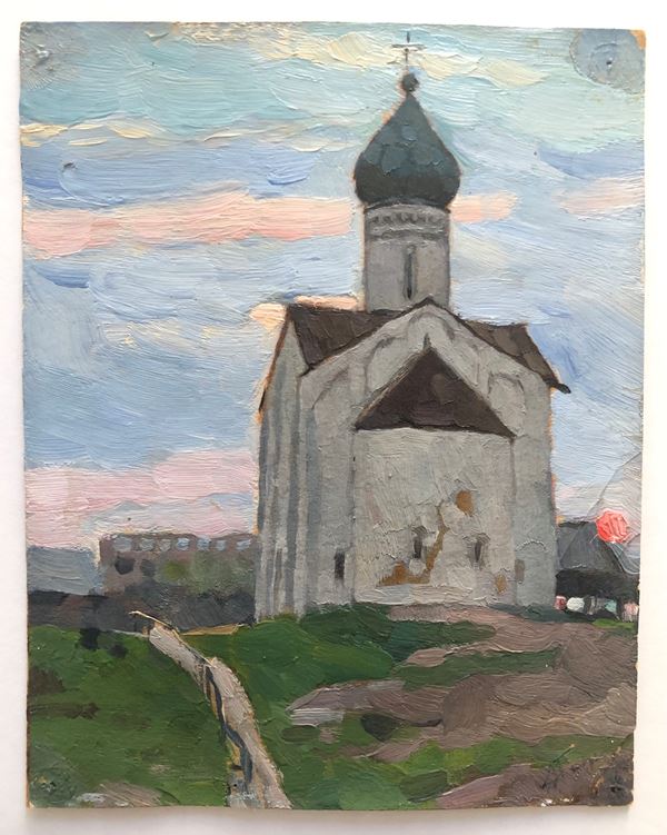 Andrei Gorsky : Church of the Twelve Apostles in Vlikiy Novgorod  (1963)  - Olio su cartone - Asta Arte Moderna e Contemporanea - Blindarte Casa d'Aste