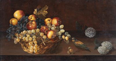 Cesto di Frutta, Fiori e un Uccellino su un Piano