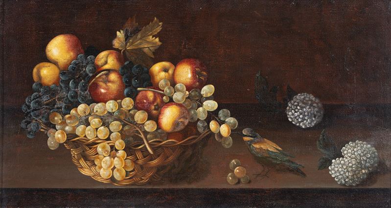 Scuola Spagnola, Fine XVIII Secolo - Cesto di Frutta, Fiori e un Uccellino su un Piano
