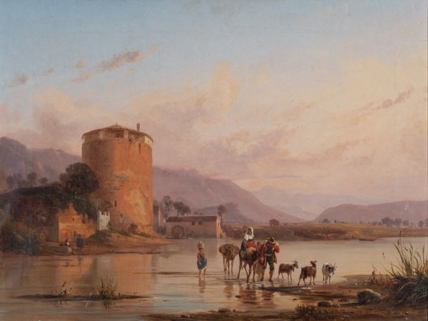 Anton Sminck Van Pitloo (Arnhem 1790 - Napoli 1837) : Mausoleo degli Acili Glabrioni ad Alife in riva al fiume  - olio su carta applicata su tela - Asta Oggetti d'arte, Gouaches dalla Collezione di Carlo Knight, importanti dipinti antichi e dipinti del XIX secolo - Blindarte Casa d'Aste