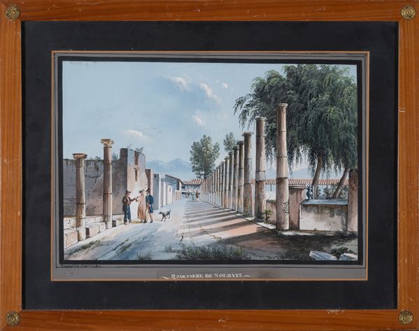 Giuseppe Gustavo Scoppa : Caserma dei gladiatori  - gouache su carta - Asta Oggetti d'arte, Gouaches dalla Collezione di Carlo Knight, importanti dipinti antichi e dipinti del XIX secolo - Blindarte Casa d'Aste